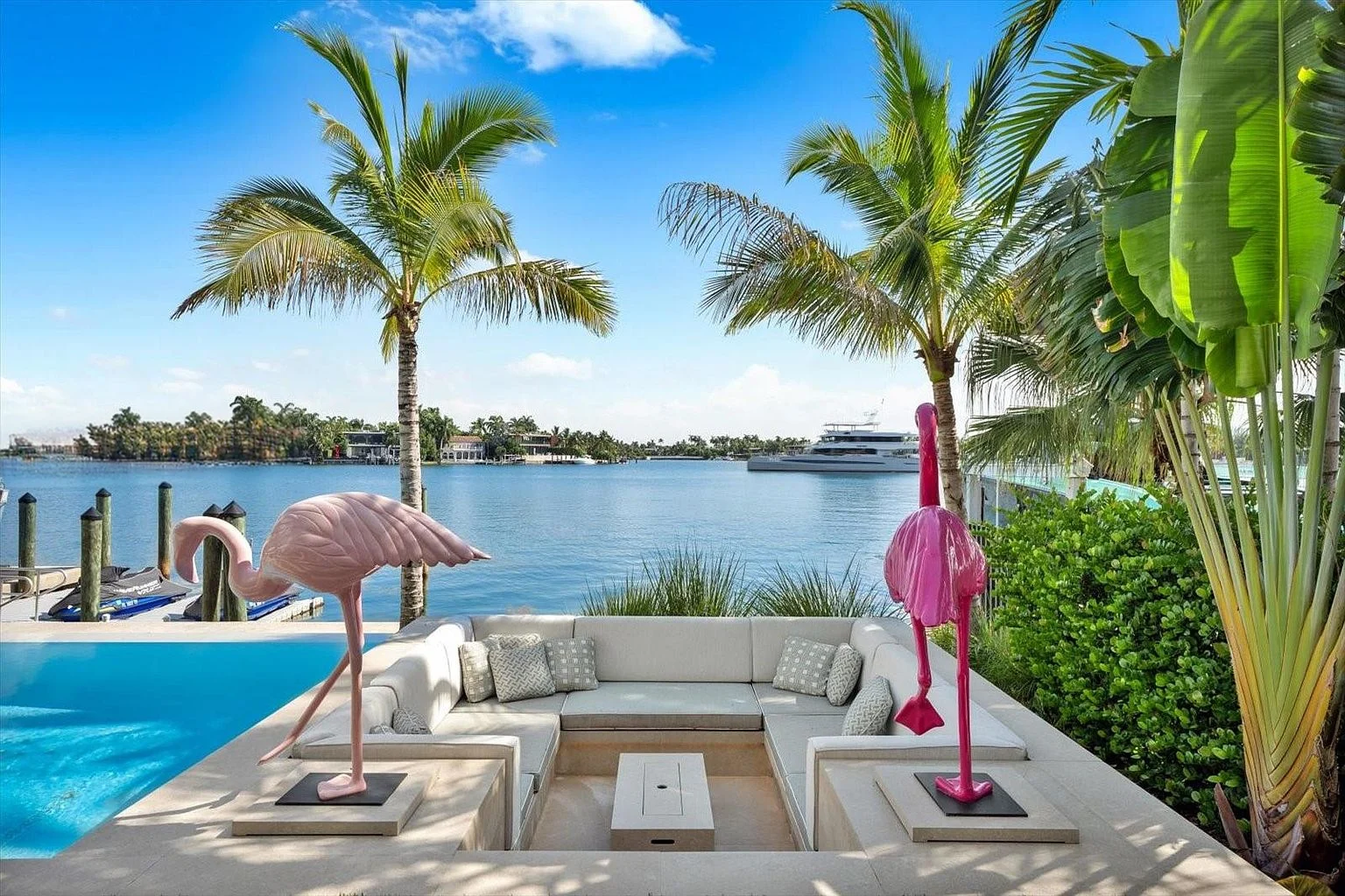 Sunken outdoor seating beside the water
