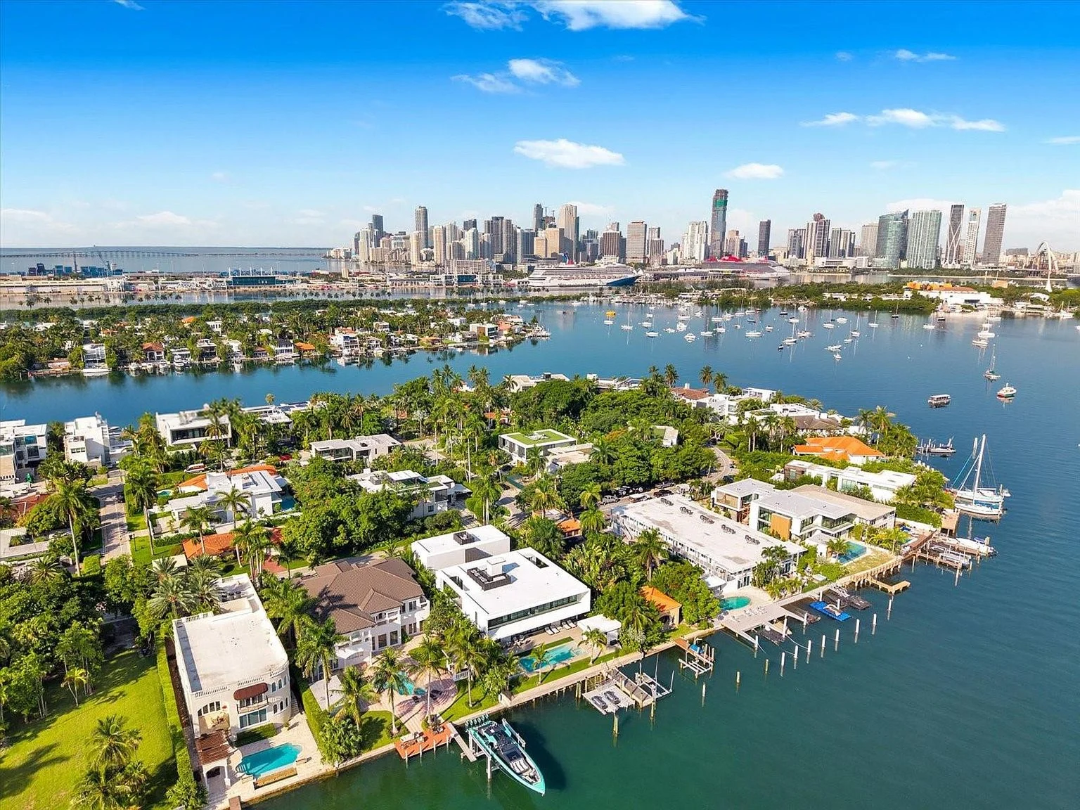 Aerial view of the island setting and surrounding Miami waterfront