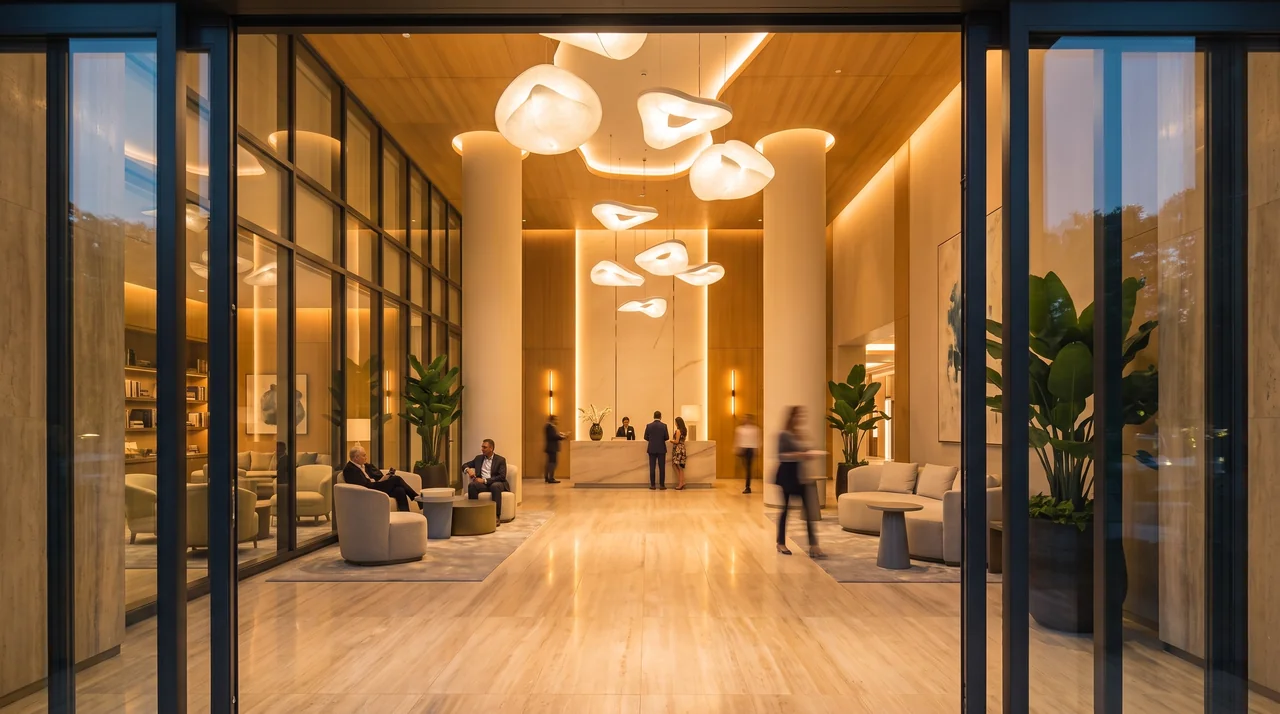 Double-height lobby with sculptural pendant lights and a reception desk