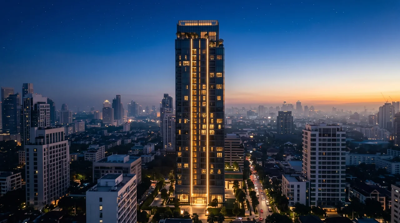 One Meridien concept tower illuminated at twilight