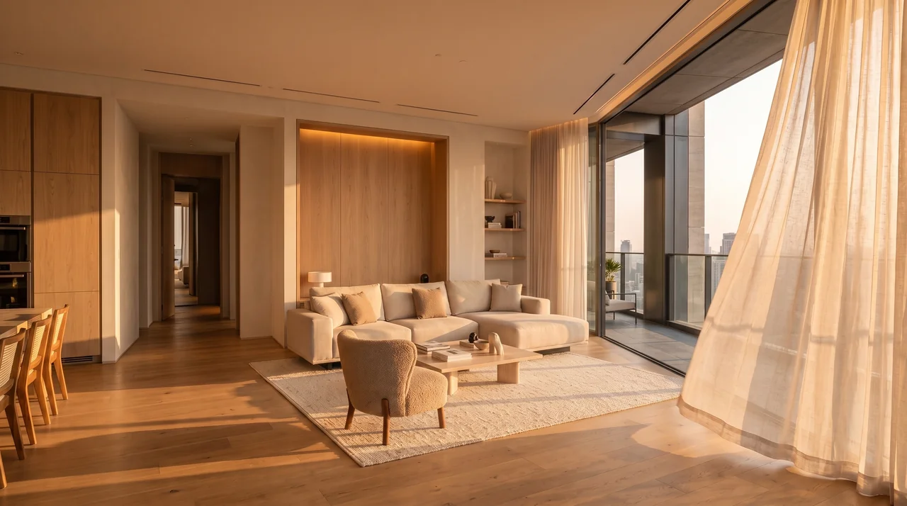 Illustrative living room with cream seating, oak joinery and city views