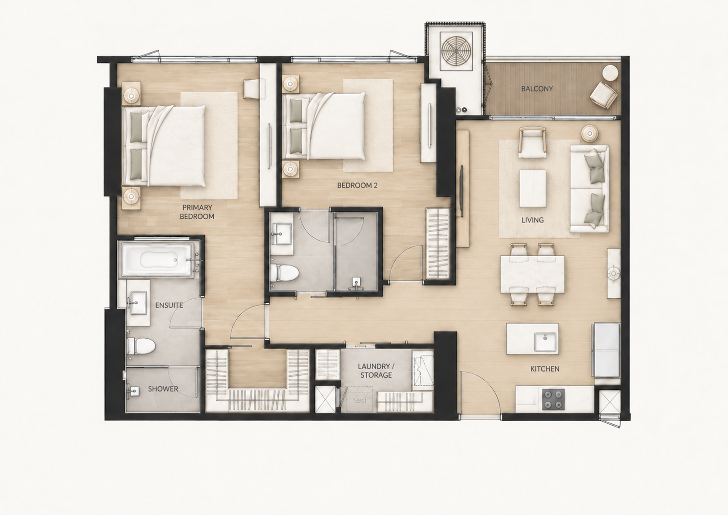Two-bedroom concept floor plan