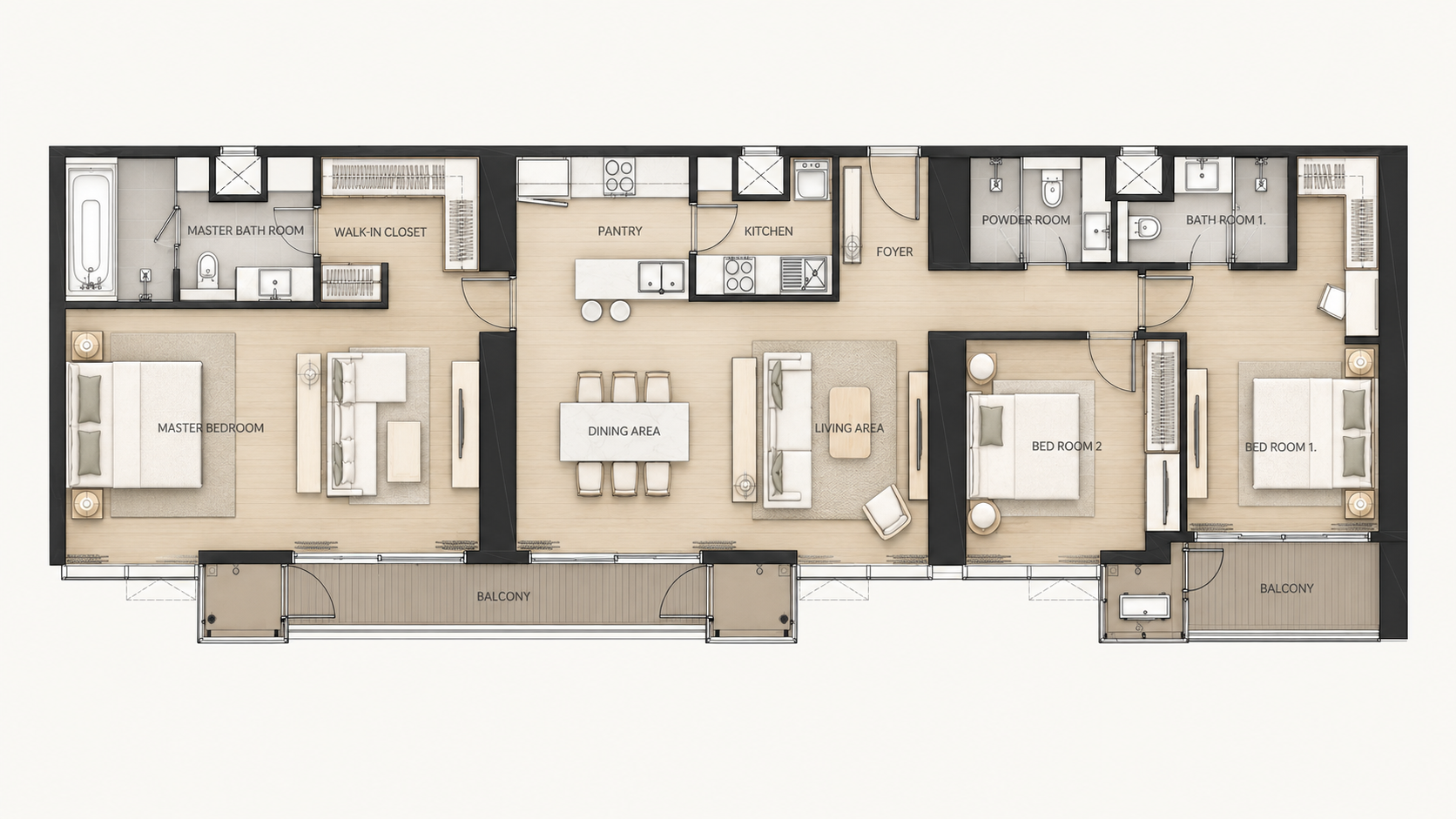 Three-bedroom concept floor plan