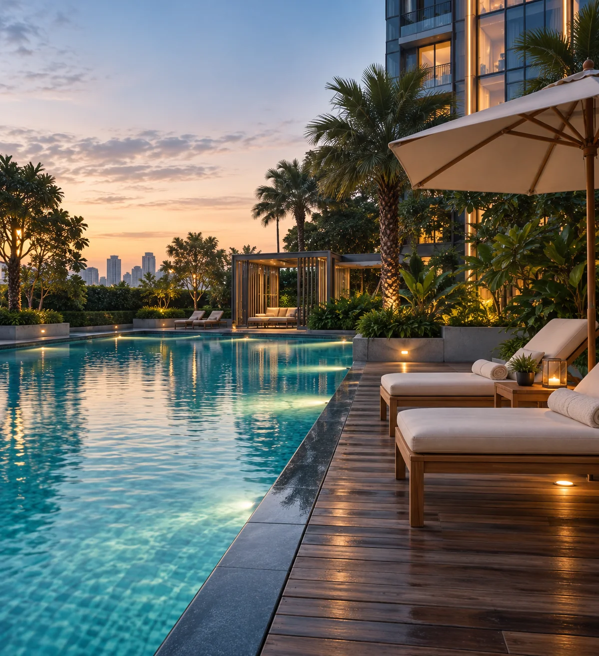 Poolside retreat with teak loungers, tropical planting and warm evening light