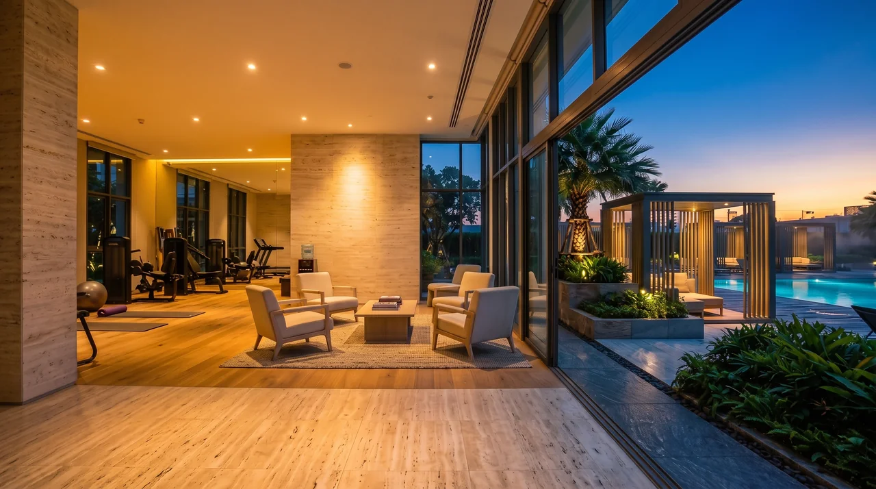 Wellness pavilion with fitness equipment and a lounge overlooking the pool