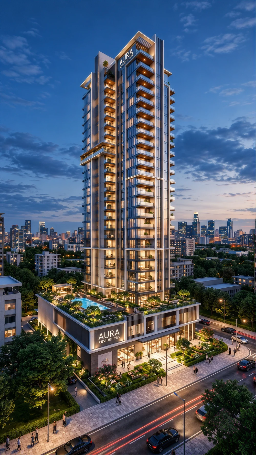 Aura tower at blue hour, with vertical fins, stacked balconies and a landscaped pool podium