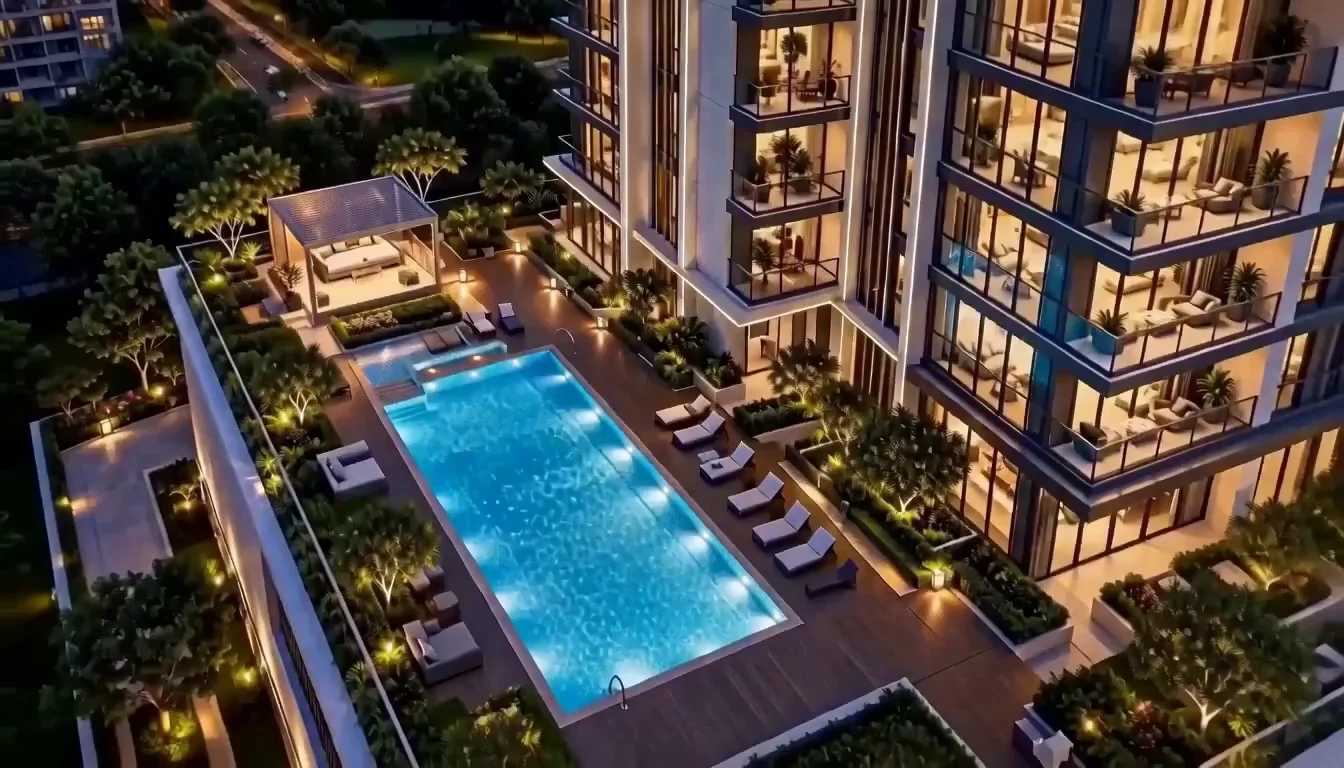 Aura landscaped pool podium viewed from above