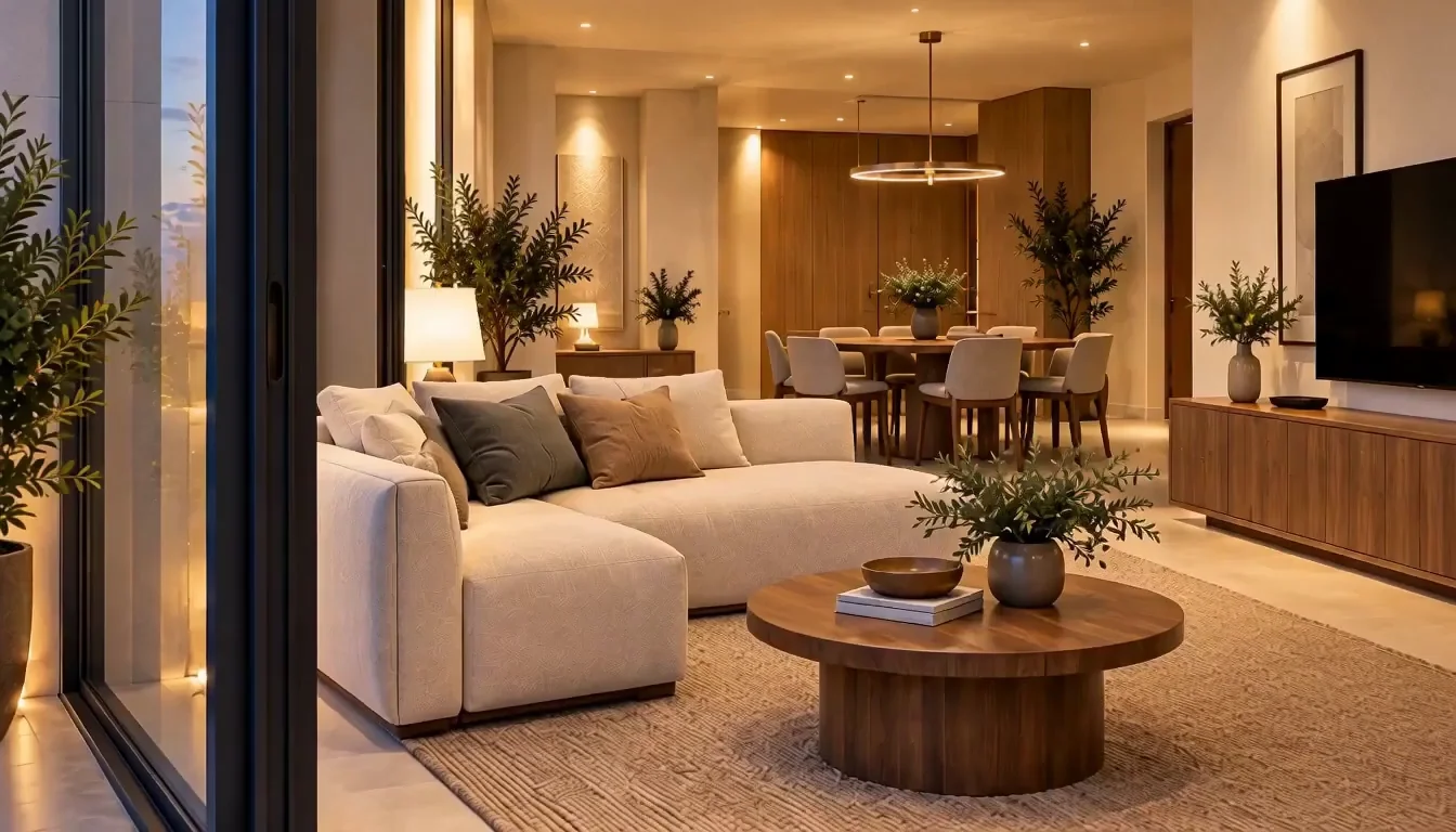 Aura living room with warm timber finishes and city-facing glazing