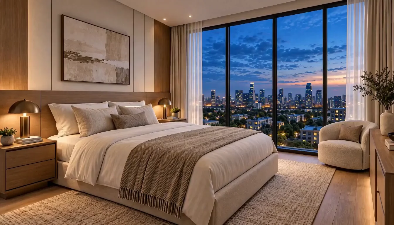Bedroom with warm lighting and soft neutral finishes