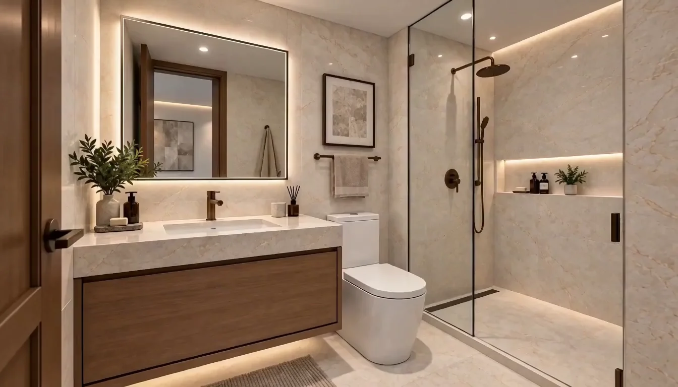 Bathroom with stone finishes and a floating vanity