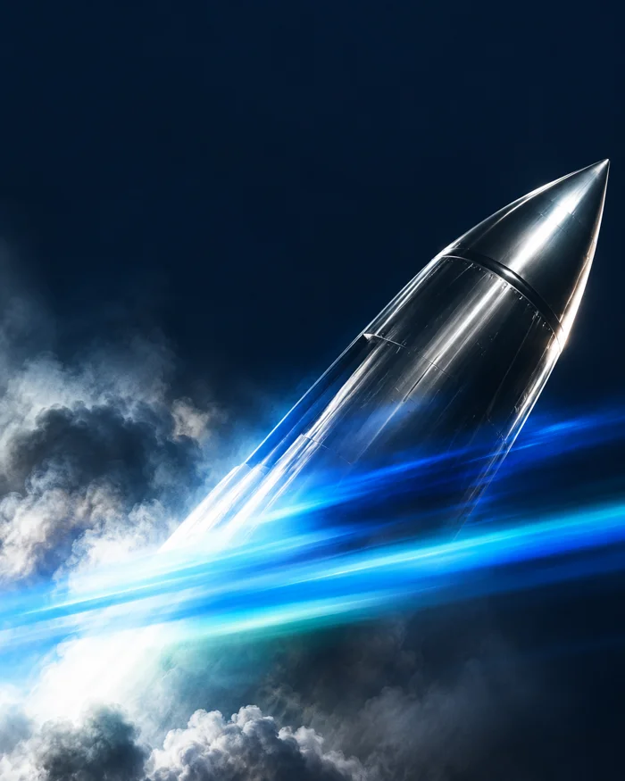 A cinematic rocket study with cobalt and cyan light