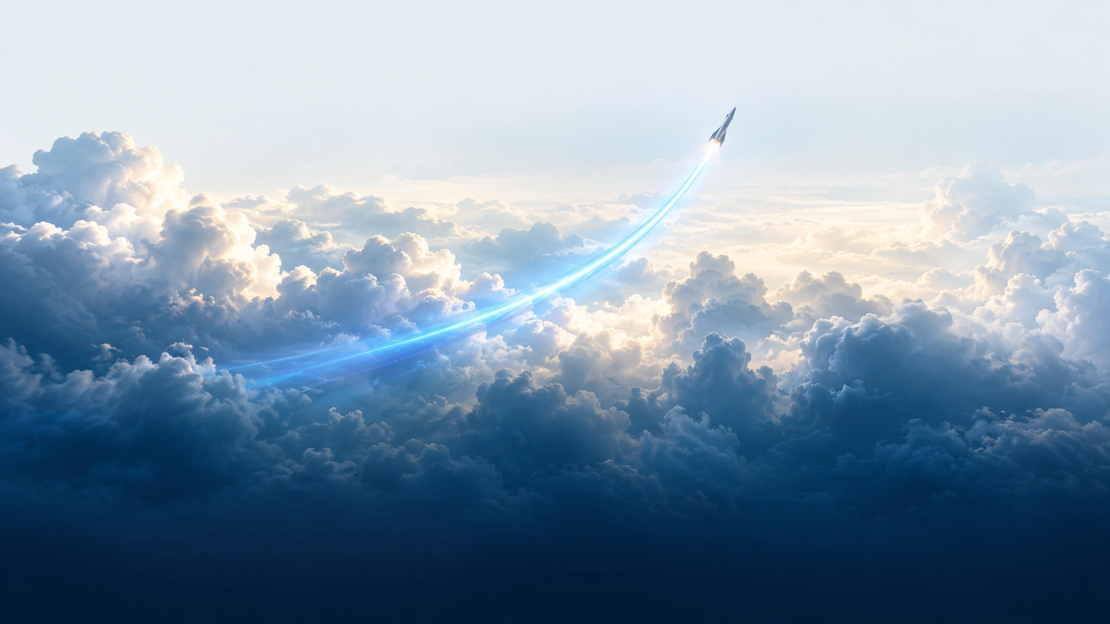 A distant rocket follows a luminous cyan path above clouds that fade into midnight navy